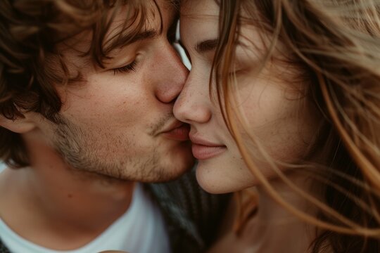 A couple kissing  showing a tender moment between them in a close up shot, cute kiss photo