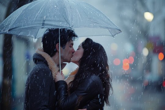 A couple kissing in the rain under an umbrella, emotional kiss picture