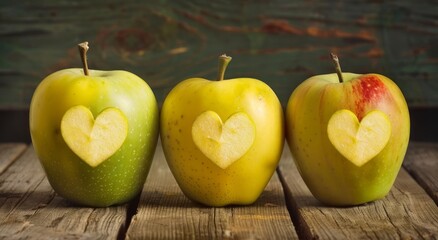 Three apples with heart shapes on a wooden table, international kissing day image