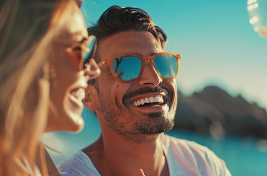 A man laughs with a woman in sunglasses, international kissing day image