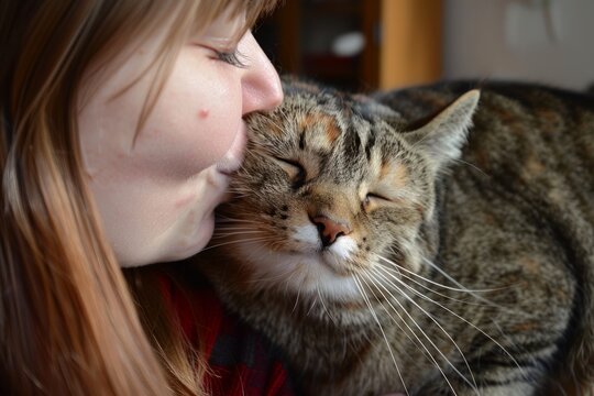 An adorable cat cuddles and kisses her owner at home, cute kiss photo