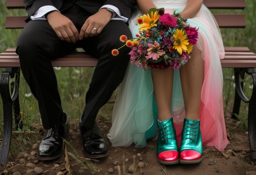 A bride and groom sit on a bench wearing colorful shoes and flowers, passionate kiss pic