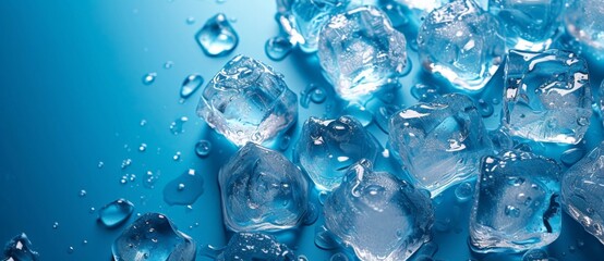 Closeup of refreshing ice cubes with water droplets on a blue surface, perfect for summer drinks and cocktails
