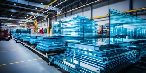 Glass Manufacturing Plant Producing a Range of Thicknesses for Global Commercial Distribution. Concept Glass Manufacturing, Global Distribution, Range of Thicknesses, Commercial Production