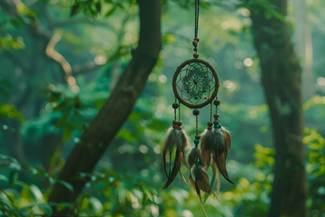 Indian lucky charm dream catcher hanging in the forest and blur background