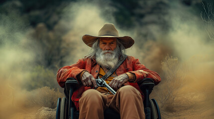 Old cowboy with a revolver in his hands sits in a wheelchair against the background of smoke from shooting