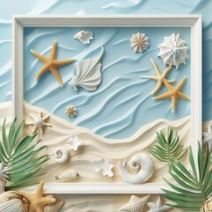 Fototapeta na wymiar Summer Background with Frame and Elements in the Style of Summer Carvings - Natural Summer Softbox Lighting Canvas - Summer Lightbox Background created with Generative AI Technology