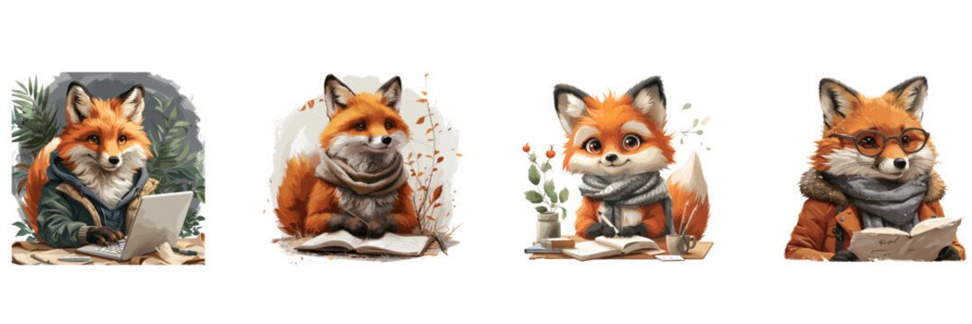 Fox vector. Mystery Novelist Fox Typing Story, Creative Writing Animal Vector Illustration. animal character illustration set