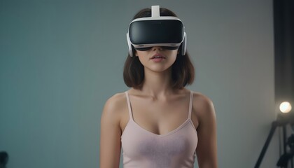Naklejka premium A woman experiencing virtual reality at home