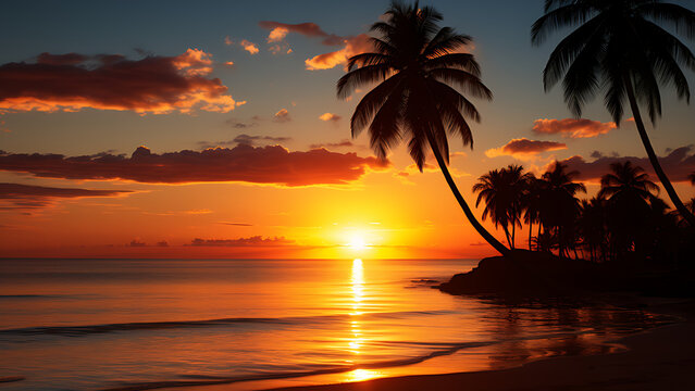 Beautiful beach sunset. The beach curves gently to the right, bordered by rows of palm trees that stand as silhouettes against the clear sky.