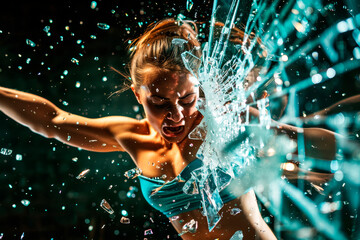 A woman in a teal top breaking through a glass with dynamic water-like shards flying around her.
