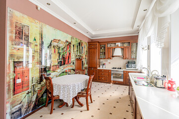 interior kitchen and dining room, refectory area, cooking equipment, table furniture, stove