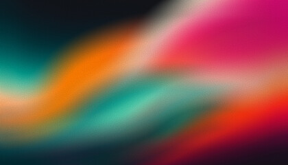 Vibrant rainbow, orange, pink, teal, white psychedelic grainy gradient color flow wave on black background,. Abstract blurry liquid header design concept.