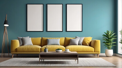 empty frame layout in the living room interior, 3d rendering
