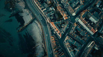 An aerial exploration of a coastal town with winding streets leading to the sea.