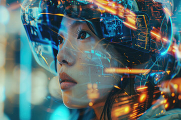 Sci-fi adventurer in helmet analyzing holographic data projections.