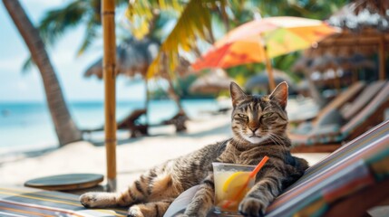A chilled tabby cat lounges in a hammock with a fresh cocktail, embodying ultimate relaxation on a sunny beach. - Powered by Adobe