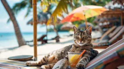 Foto op Canvas A chilled tabby cat lounges in a hammock with a fresh cocktail, embodying ultimate relaxation on a sunny beach. © Victoriia