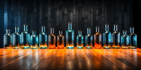 Arrangement of Multiple Glass Bottles in a Close-up Background. Concept Close-up Photography, Glass Bottles, Arrangement, Still Life, Detail Shots