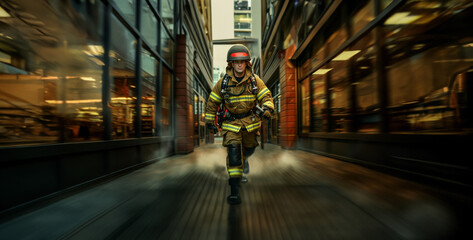 a dedication of a firefighter rushing into action, donning protective gear and carrying equipment as they respond to an emergency realistic photography - obrazy, fototapety, plakaty