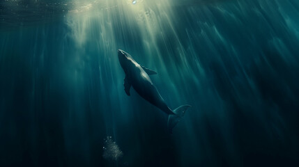Ocean Serenity: Underwater Grace of a Lone Whale Gliding through Sunbeam-Filled Depths