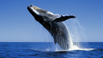Majestic Whale Breaching: High-Resolution Image Capturing the Power and Grace of a Humpback Whale Against a Clear Blue Sky