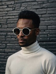 Obraz premium Black man model with cool haircut, in a white turtleneck dress and large sunglasses
