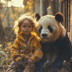 Mädchen, gelber Pullover und Panda - obrazy, fototapety, plakaty