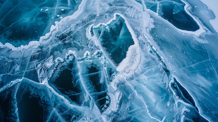 An aerial journey over a frozen lake with intricate ice patterns.