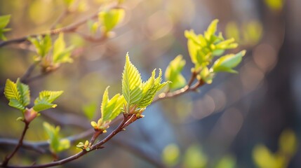 closeup of young leaves on a tree with a bokeh background.