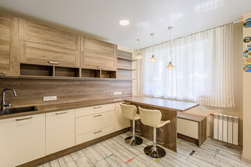 interior kitchen and dining room, refectory area, cooking equipment, table furniture, stove