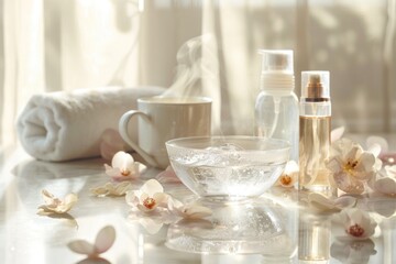 A tranquil morning skincare routine depicted on a sleek marble countertop illuminated by soft, diffused early morning light filtering through a fluttering sheer curtain.