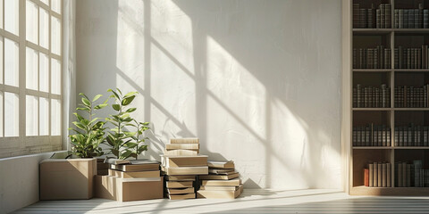 Sunlight Casting Shadows in a Serene Room Filled With Stacked Books and Boxes