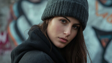 Portrait of woman wearing gray beanie hat, graffiti background