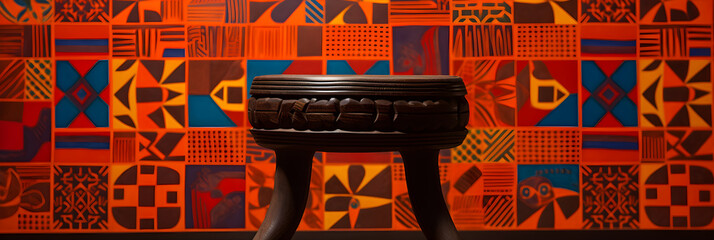 Embodiment of Ghanaian Artistry: Handcrafted Stool and Kente Cloth