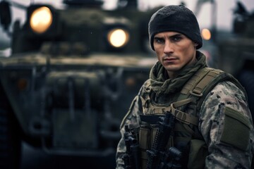 Fototapeta premium Soldier standing near military equipment armored tank weapons
