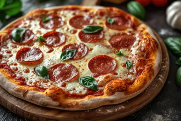 Fotobehang Deliciosa pizza con queso fundido y y peperoni © Fabian