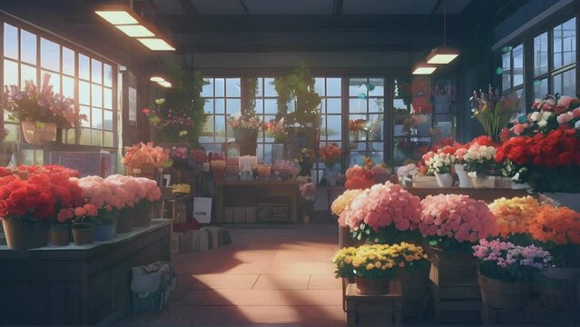 the atmosphere in a flower shop with various beautiful colorful flower arrangements, anime or cartoon flower shop illustration style, seamless looping 4k time-lapse virtual video animation background