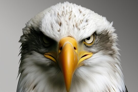 This striking image captures the intense gaze of a bald eagle, showcasing its sharp yellow beak, piercing eyes, and the detailed texture of its white feathered head against a soft gray background. The