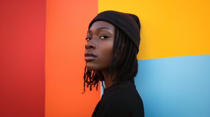 portrait of  an african american woman wearing black beanie hat on a  Colorful background. beanie hat or woolly hat mockup