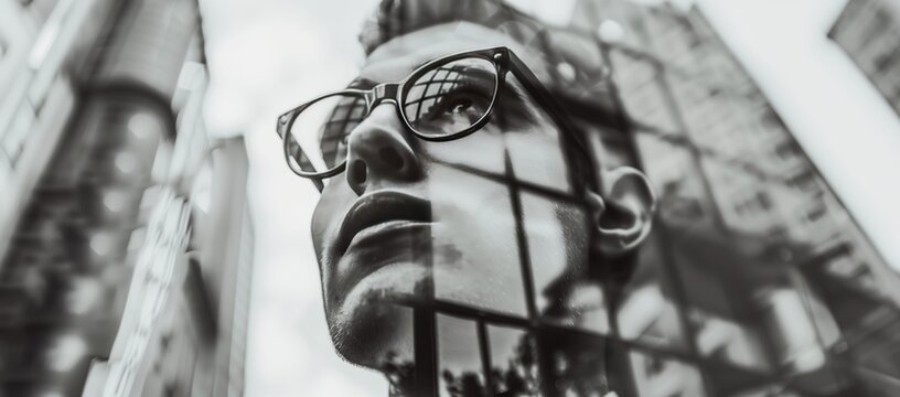 The Monochrome Businessman Looks to the Future. Black and White image of the Face of a Businessman Wearing Glasses, Who is Evaluating the Prospects of Business Development