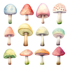button mushroom clipart, pastel colors , watercolor, hand drawn, on a white background сreated with Generative Ai