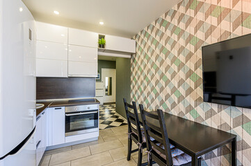 interior kitchen and dining room, refectory area, cooking equipment, table furniture, stove