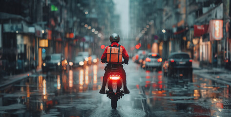 person in the city, a delivery worker navigating city streets with efficiency and speed, transporting packages to their destinations with reliability