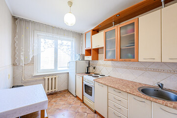 interior kitchen and dining room, refectory area, cooking equipment, table furniture, stove