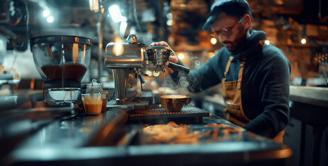 a striking shot of a barista expertly crafting latte art on a cup of freshly brewed coffee in a cozy cafe setting photography High-resolution - obrazy, fototapety, plakaty