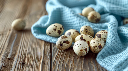 Small spotted quail eggs on a towel on a wooden  background
