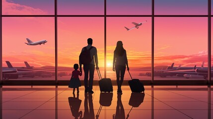 Silhouette of a family with luggage in the airport terminal at sunset. - obrazy, fototapety, plakaty