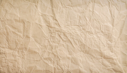 Beige wrinkled paper sheet. Aged texture surface design. Decorative layer. Empty space.