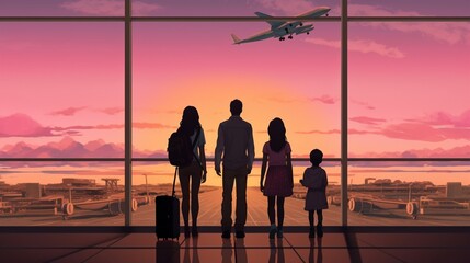 Silhouette of a family with luggage in the airport terminal at sunset.